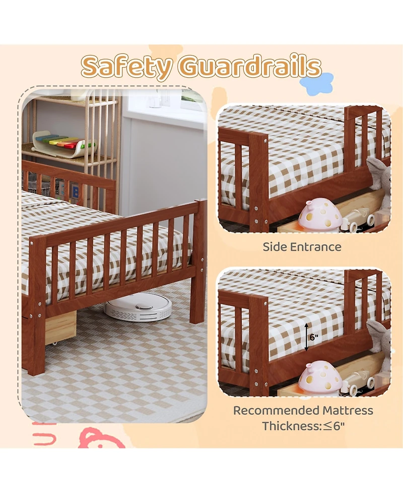 Rainsken Kids Twin Bed Frame, Wooden Platform with Headboard Storage Rack, 2 Under-Bed Drawers and 3-Side Guardrails for Bedroom