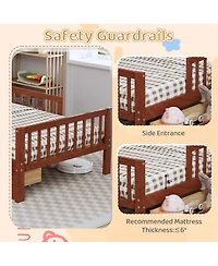 Rainsken Kids Twin Bed Frame, Wooden Platform with Headboard Storage Rack, 2 Under-Bed Drawers and 3-Side Guardrails for Bedroom