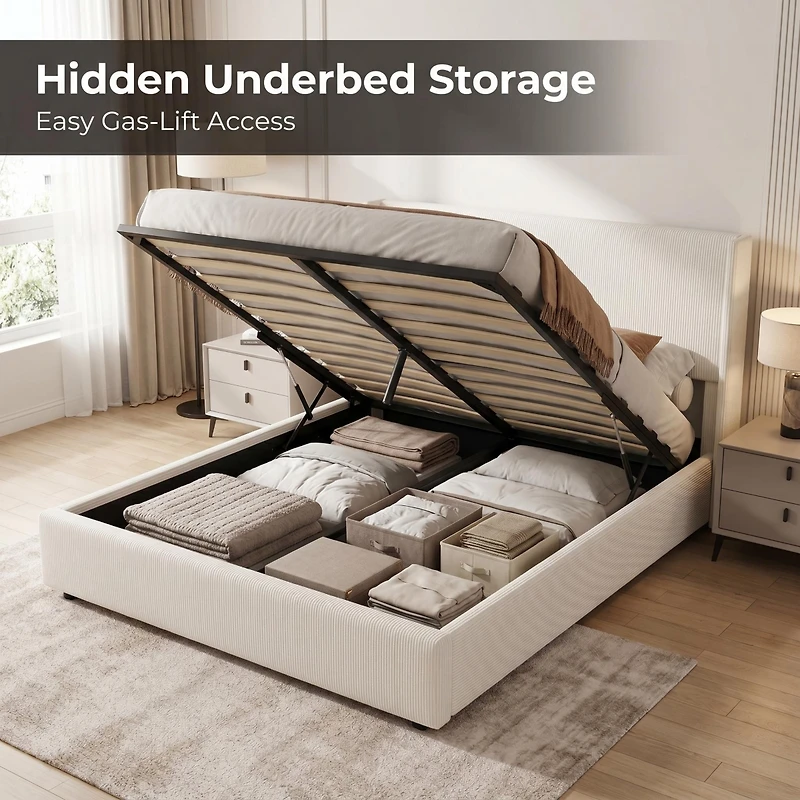 Homfan Lift Up Storage Bed, Modern Corduroy Upholstered Platform Bed Frame with Wingback Headboard, Gas Lift Hydraulic Storage