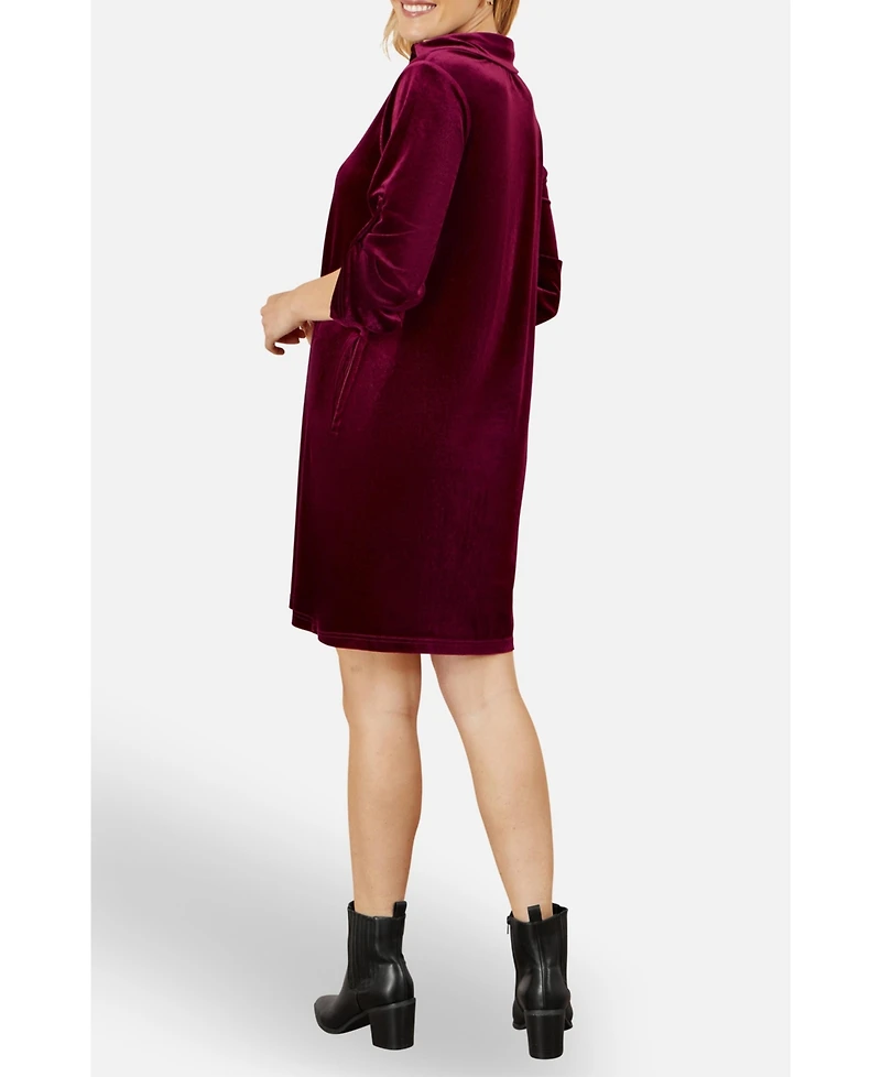 Yumi Women's Velvet Sleeve Collared Tunic Dress
