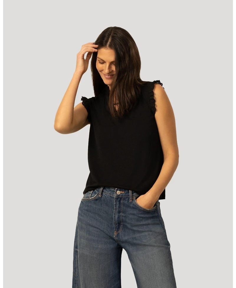 Cable & Gauge Women's Eyelet Split Neck Sleeveless Top