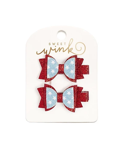 Sweet Wink Little and Big Girls Glitter Flag Bow Clip Set