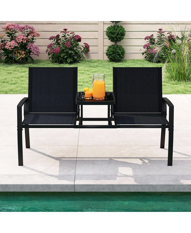 Slickblue Patio Loveseat with Built-in Table with Breathable Fabric Back