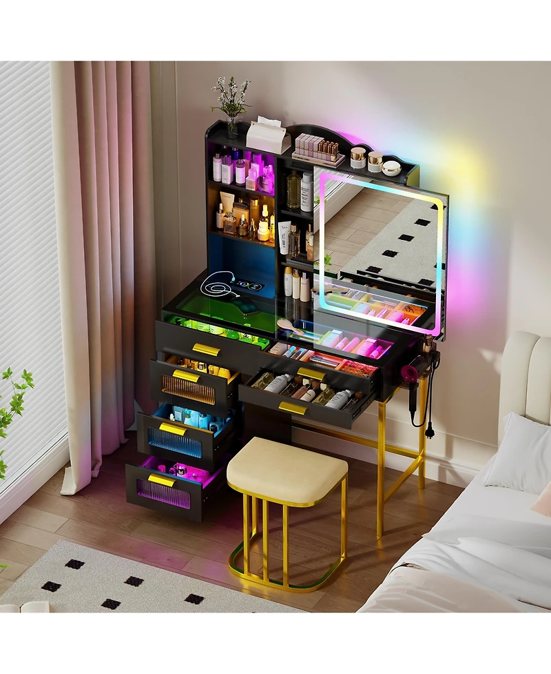 Vlsrka Led Vanity Desk Set with Rgb Mirror, Charging Station & Chair