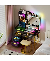 Vlsrka Led Vanity Desk Set with Rgb Mirror, Charging Station & Chair