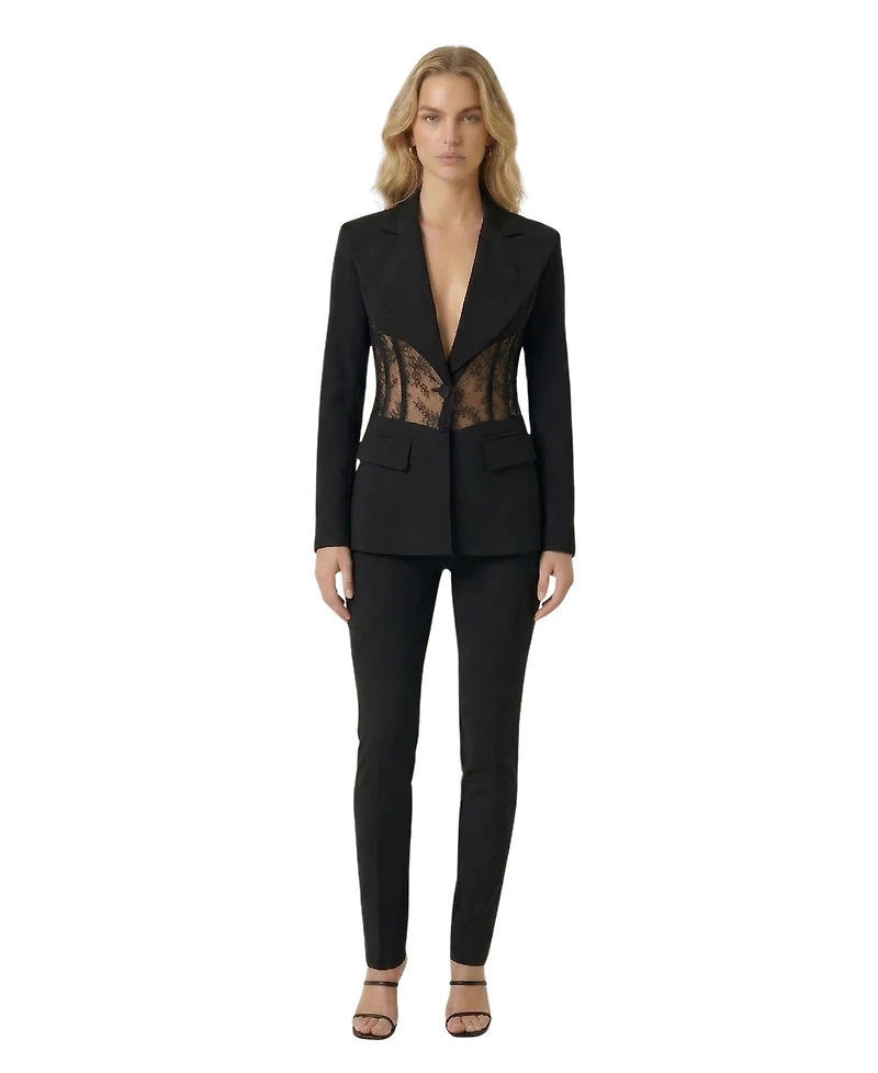 Modenaire Women's Lace Panel Deep V-Neck Tailored Blazer