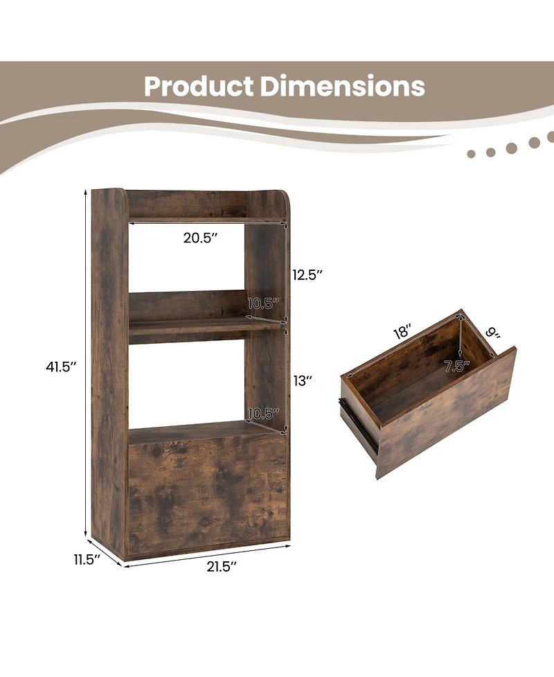 Gouun Freestanding 3-Tier Bookshelf with Open Shelves and Drawer, 21.5 x 11.5 x 41.5 in