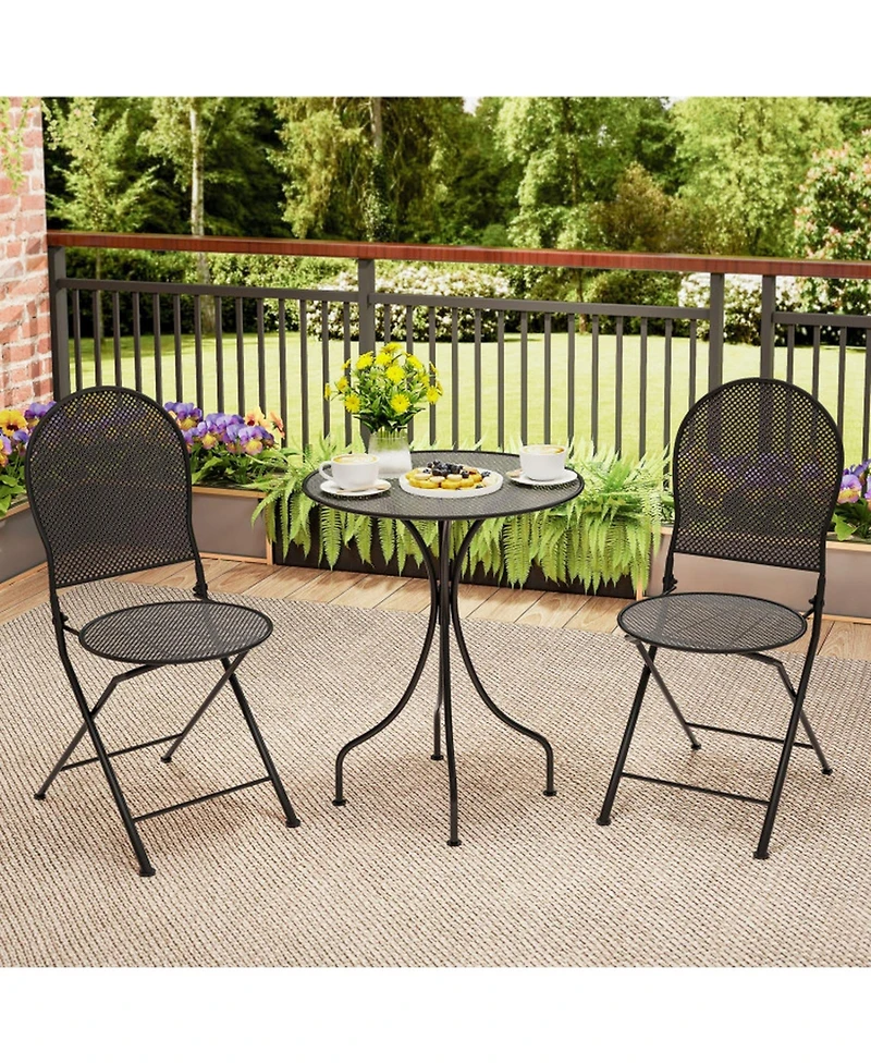 Gouun 3 Piece Metal Bistro Patio Conversation Set with Round Table and 2 Folding Chairs