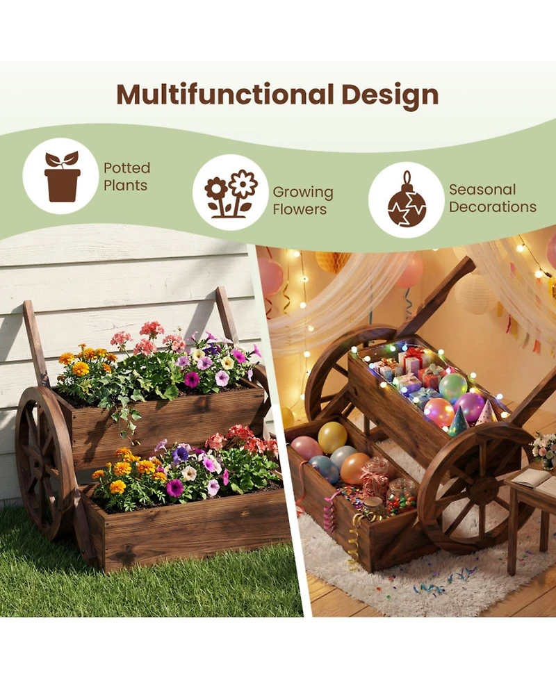 Gouun Rustic Carbonized Wood Wagon Planter with 2-Tier Design