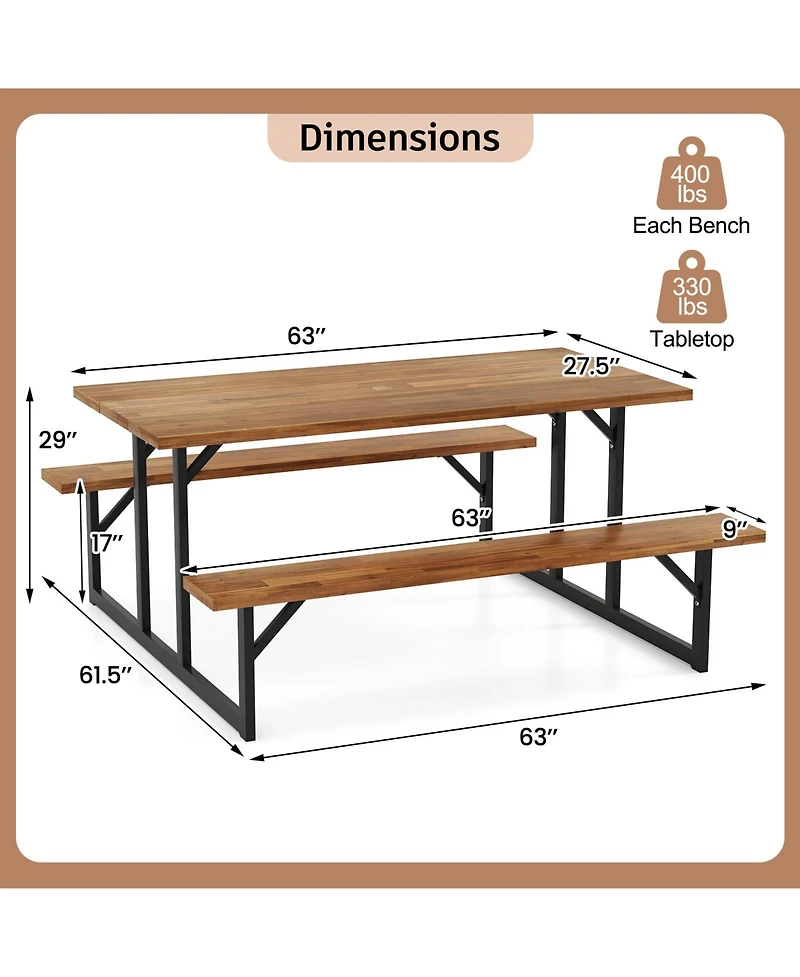 Sugift Acacia Wood Picnic Table with Two Built In Benches for Six