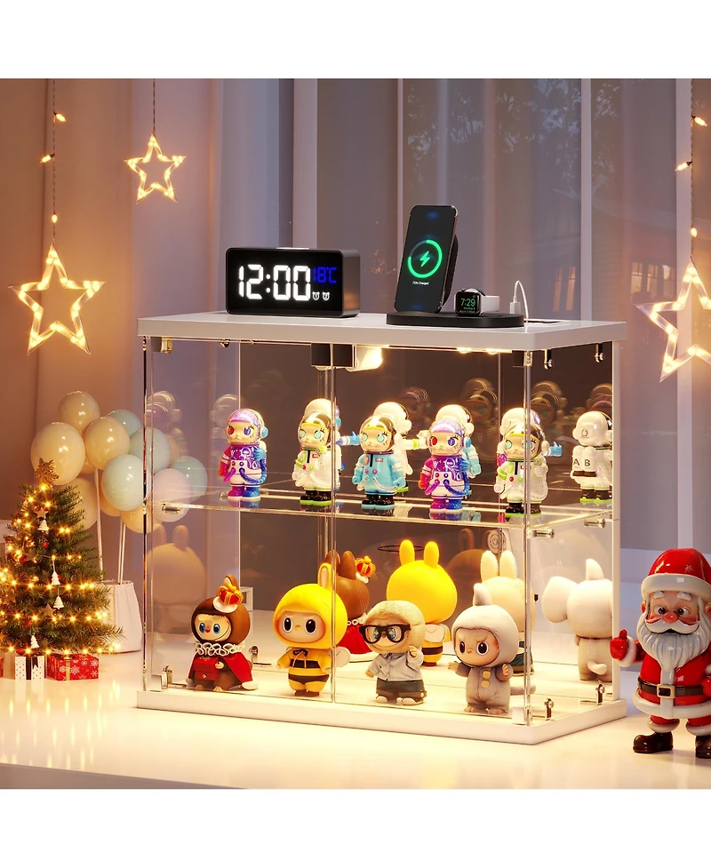 Vlsrka Led Lighted 2-Tier Glass Display Case with Charging Station and Motion Sensor, Desktop Storage Organizer for Figures, Models Perfume