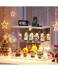 Vlsrka Led Lighted 2-Tier Glass Display Case with Charging Station and Motion Sensor, Desktop Storage Organizer for Figures, Models Perfume