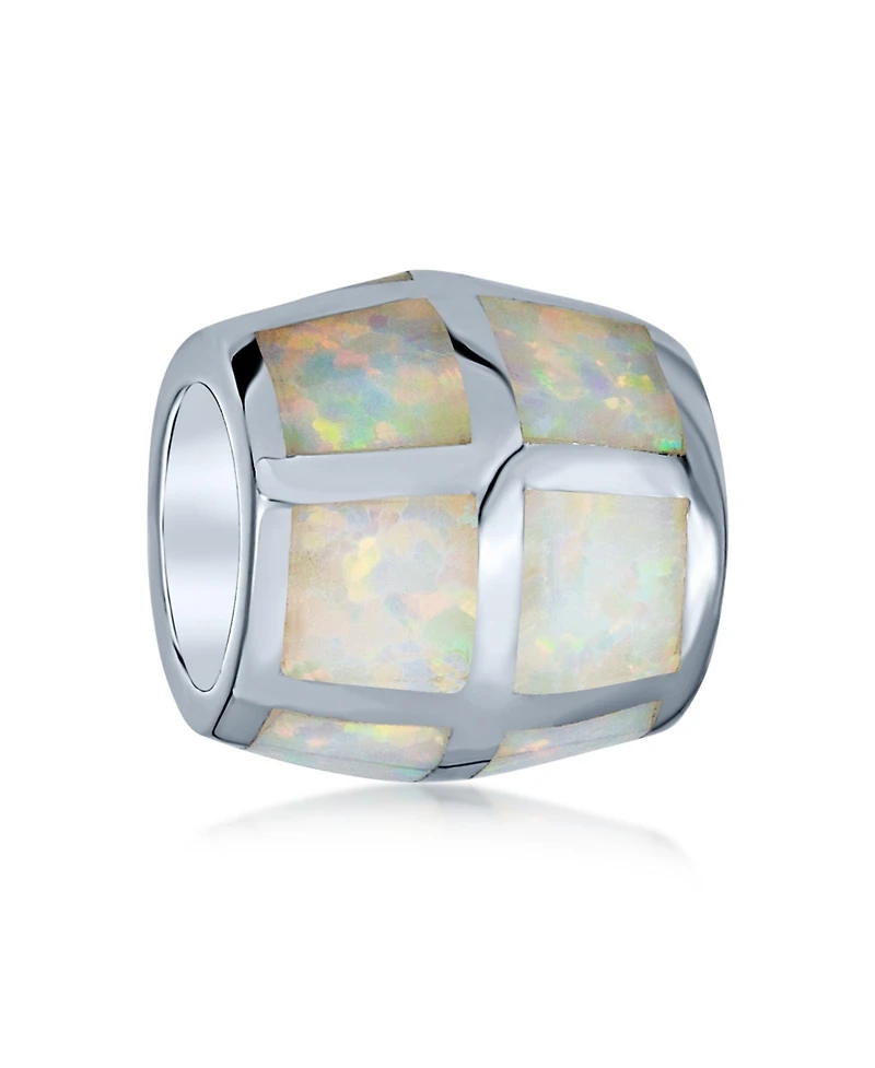 Bling Jewelry Created White Opal Inlay Barrel Charm Bead .925 Sterling Silver For Bracelet