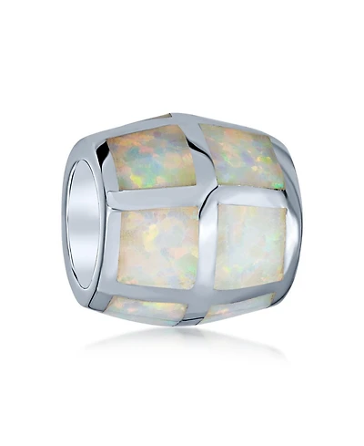 Bling Jewelry Created White Opal Inlay Barrel Charm Bead .925 Sterling Silver For Bracelet