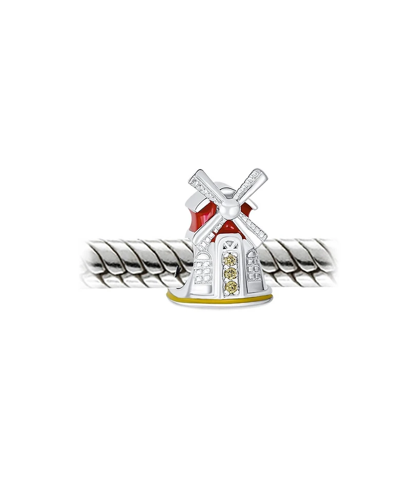 Bling Jewelry Travel Landmark Dutch Windmill Enamel Charm Bead .925 Sterling Silver for Bracelet