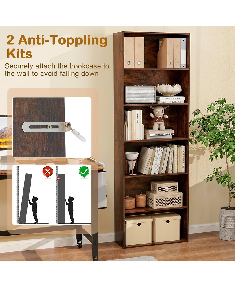 Sugift 6-Tier Bookcase with Open Shelves and Anti Toppling Kit