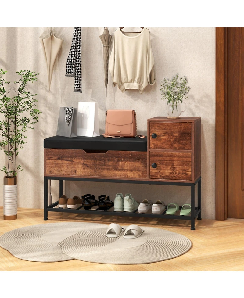 Gouun Wood Entryway Storage Bench with Flip-Top Compartment and Cabinets
