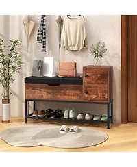 Gouun Wood Entryway Storage Bench with Flip-Top Compartment and Cabinets