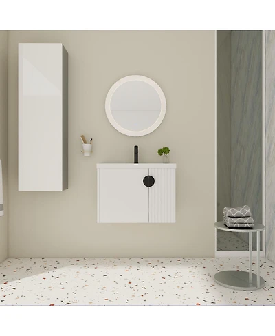 Sillysis Wall Mounted Bathroom Vanity with Ceramic Sink, Floating Cabinet, 2 Soft Close Doors for Small Space