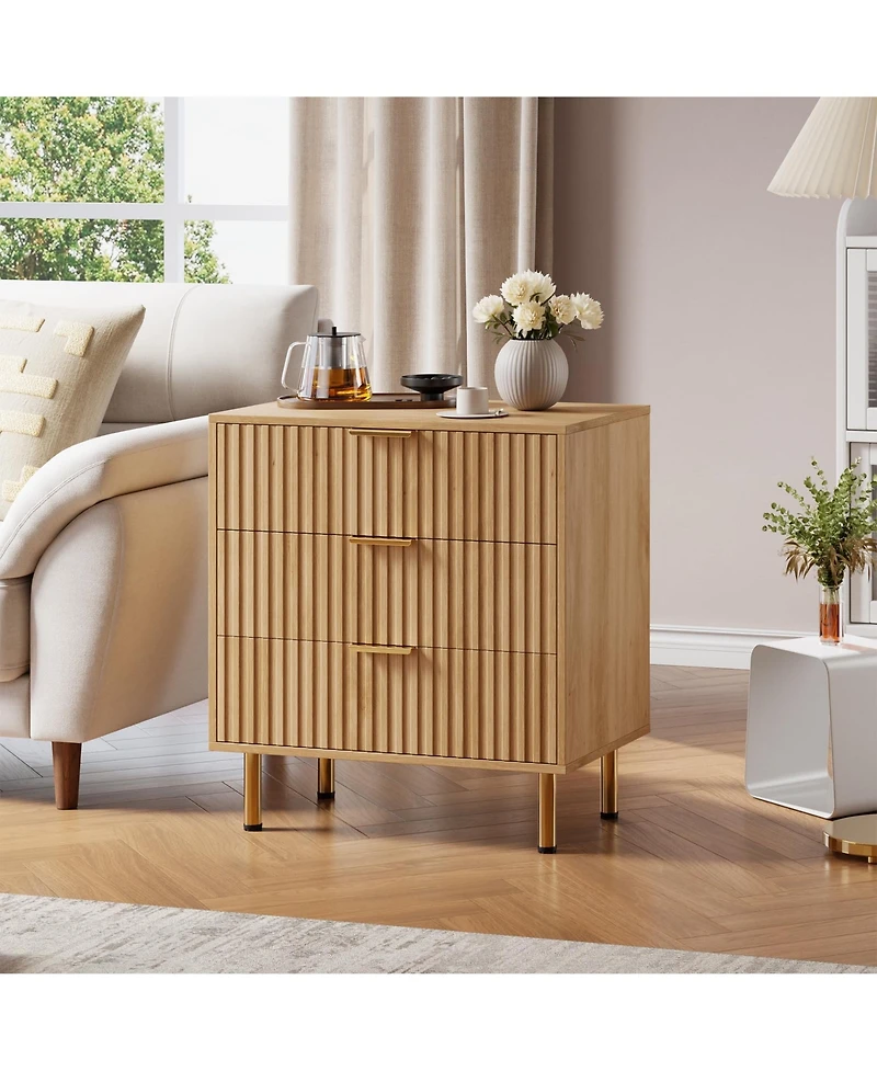 gaomon Bedroom 3 Drawer Dresser, Fluted Wood Storage Chest with Wide Top, Modern Nightstand Organizer.