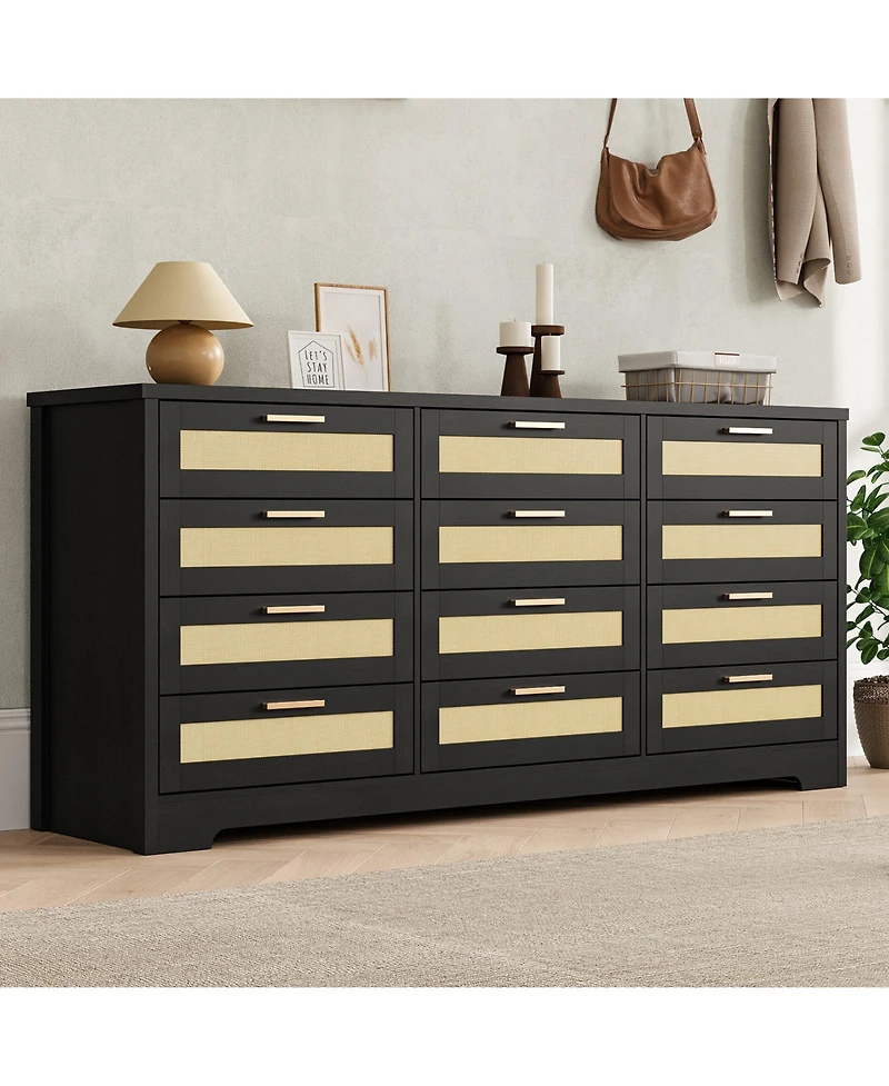 gaomon Bedroom 12-Drawer Dresser, Rattan Wood Chest with Wide Storage Drawers and Tabletop.