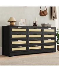 gaomon Bedroom 12-Drawer Dresser, Rattan Wood Chest with Wide Storage Drawers and Tabletop.