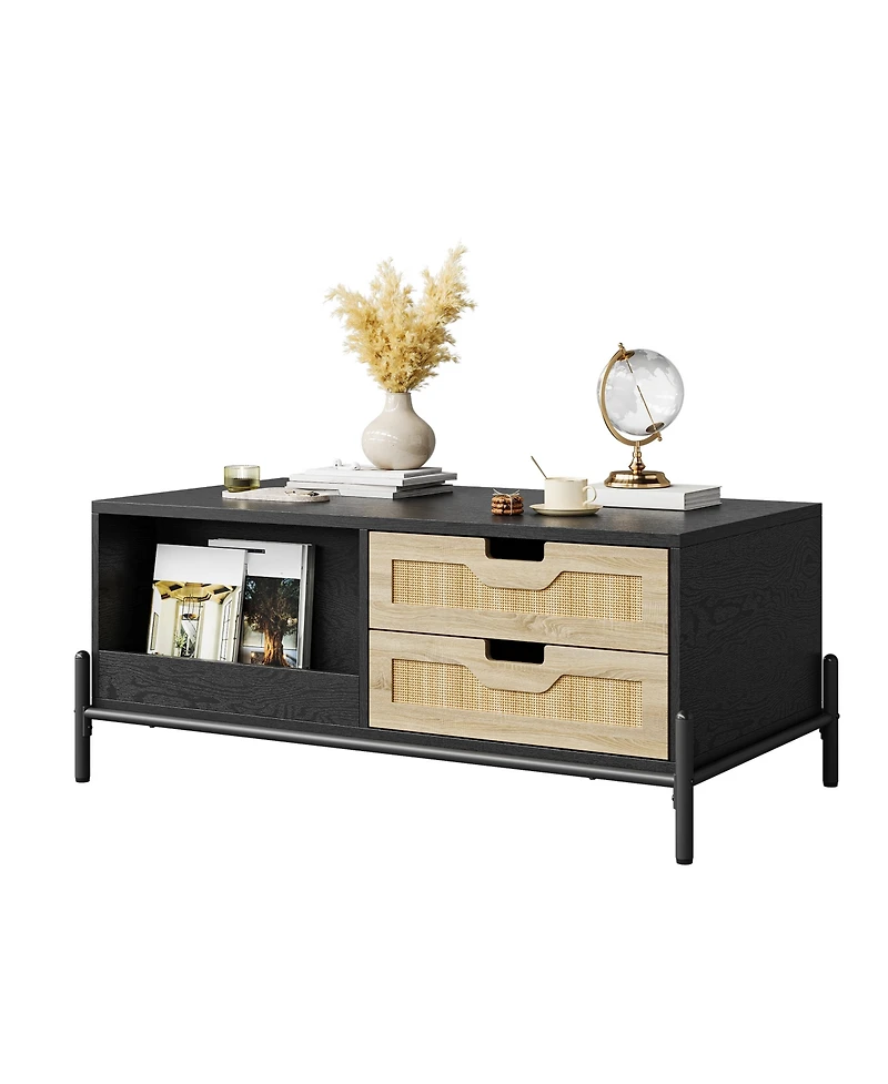 Homfan Coffee Table for Living Room, Modern Rattan Table with 4 Drawers and 2 Compartments, Wooden Table with Led Lights, Rectangle Table for Office
