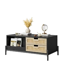 Homfan Coffee Table for Living Room, Modern Rattan Table with 4 Drawers and 2 Compartments, Wooden Table with Led Lights, Rectangle Table for Office