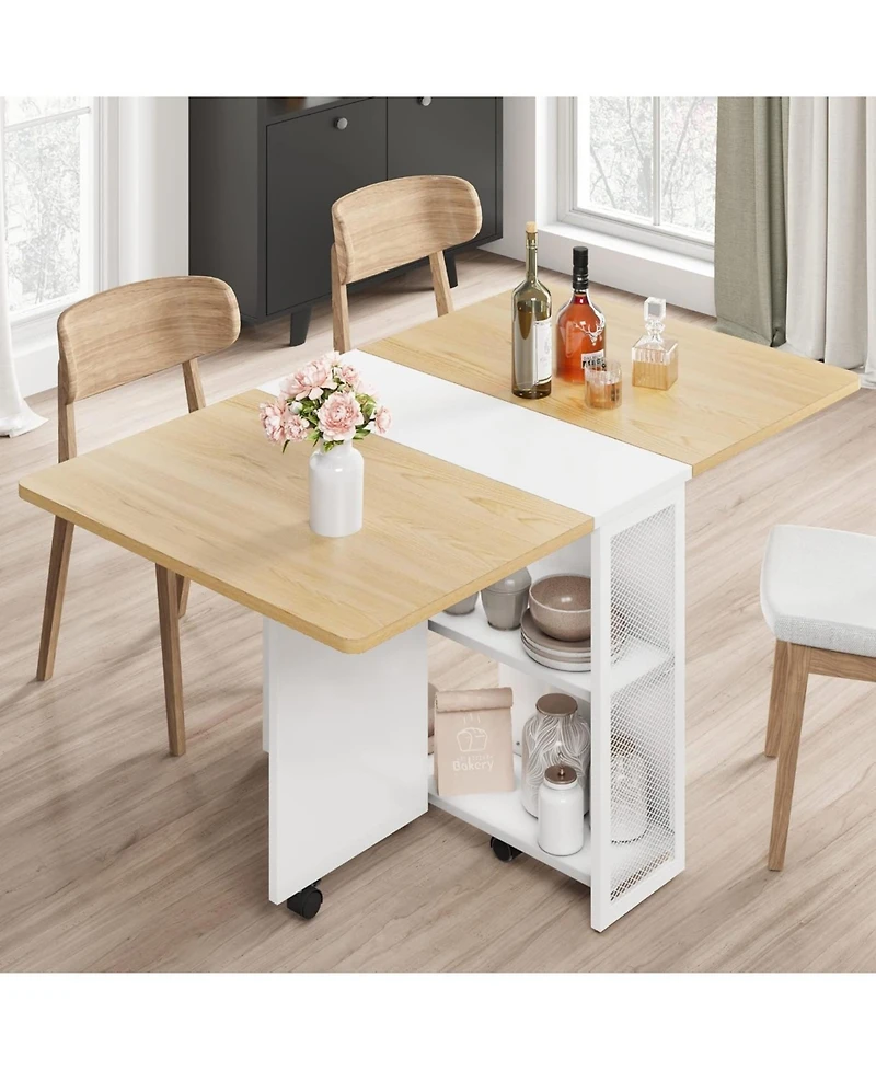 Expandable Farmhouse Dining Table with Storage and 6 Wheels, Space-Saving Drop-Leaf for 4 People