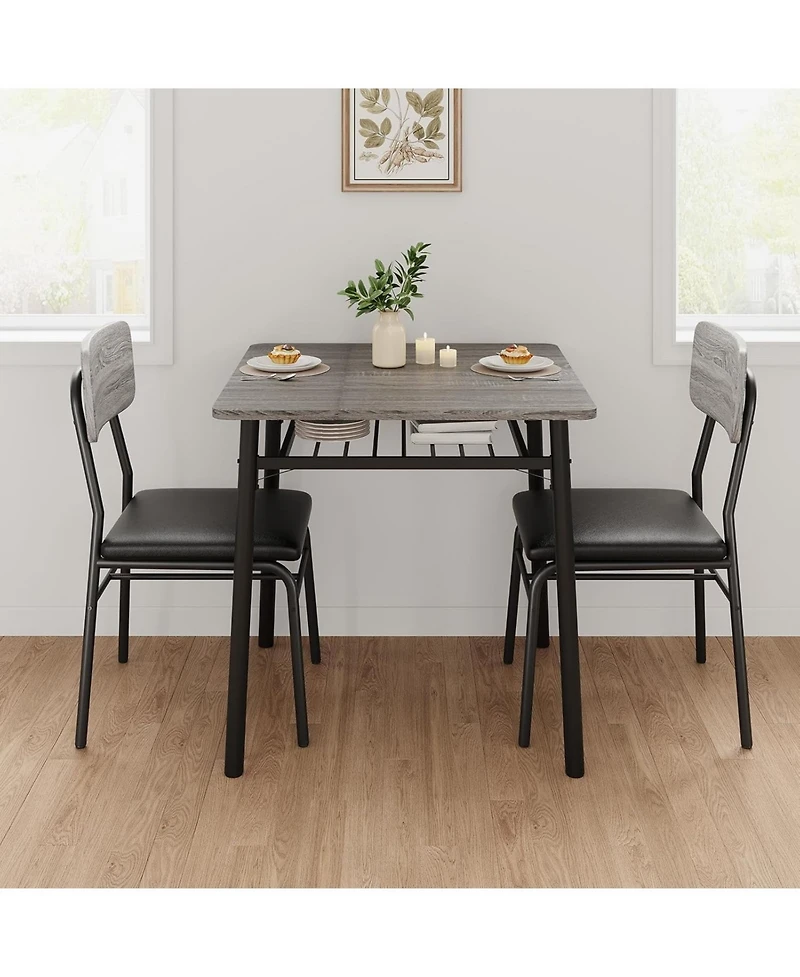 gaomon 3-Piece Square Dining Set for 2 with Storage, Metal Frame Table and 2 Upholstered Chairs
