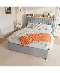 Homfan Upholstered Bed Frame with Storage Headboard, Charging Station and Drawer