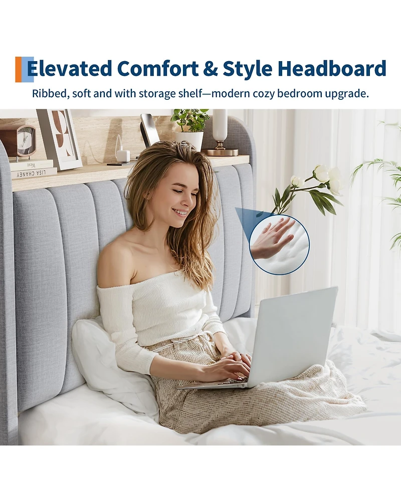 Homfan Upholstered Bed Frame with Storage Headboard, Charging Station and Drawer