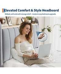 Homfan Upholstered Bed Frame with Storage Headboard, Charging Station and Drawer