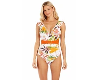 La Moda Clothing Women's Club Moda Tropical Print Belted One-Piece Swimsuit