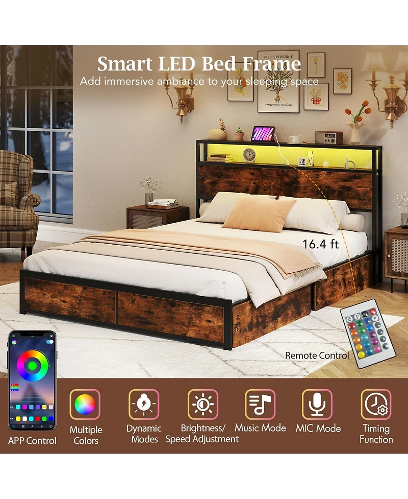 Gymax Led Bed Frame w/2-Tier Storage Headboard and 4 Drawers Charging Station