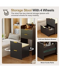 Vlsrka Fluted Small Vanity Desk With Mirror, Lights, Stool & 3 Drawers