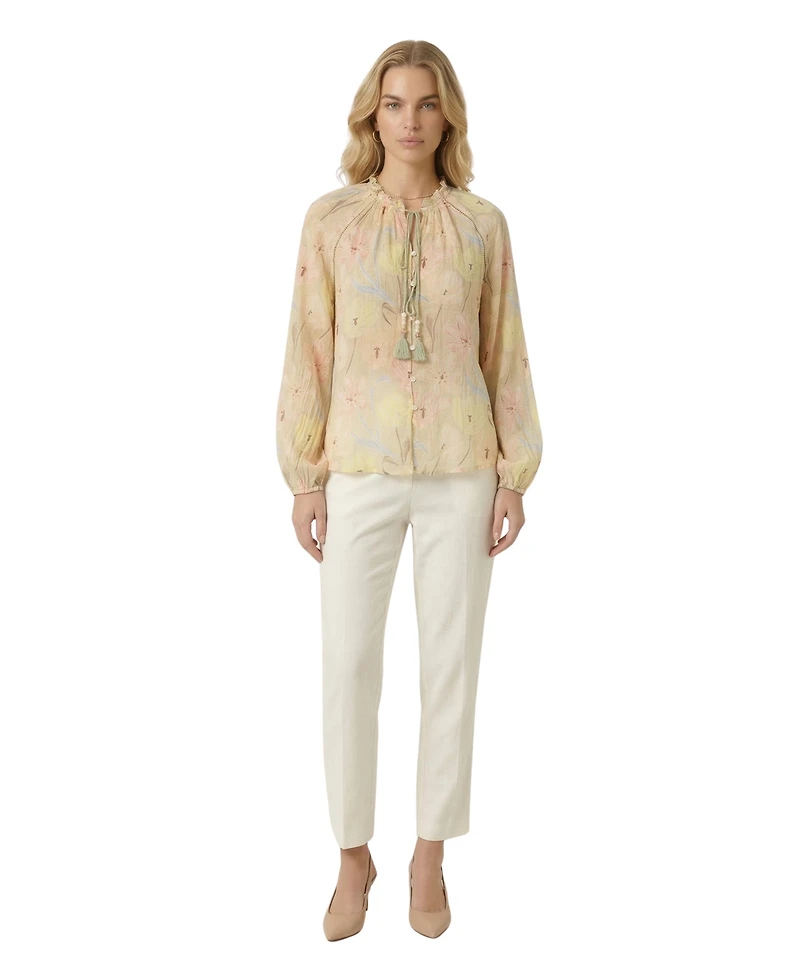Modenaire Women's Floral Print Tassel-Tie Neck Long-Sleeve Blouse