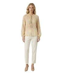 Modenaire Women's Floral Print Tassel-Tie Neck Long-Sleeve Blouse