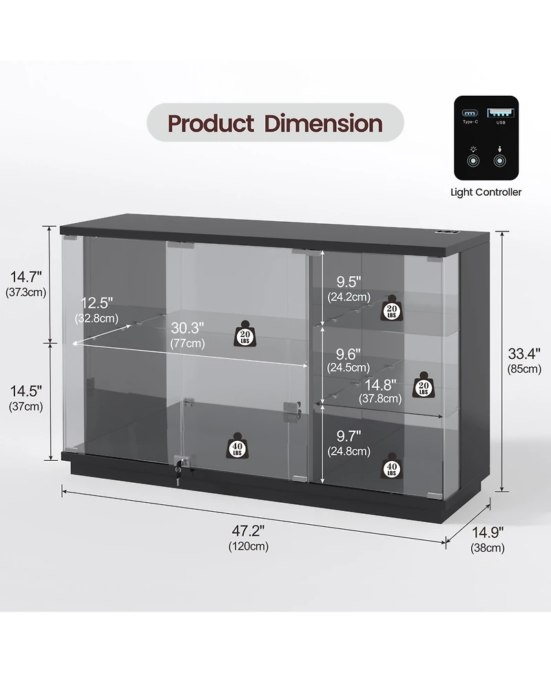 Vlsrka Glass Display Cabinet with Lock and Led Light