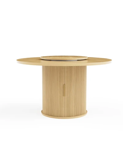 Rainsken Round Dining Table for 6 with a Rotating Tabletop Tray, 2-tier Storage Rack and Wooden Wavy-striped Sliding Doors Living Room