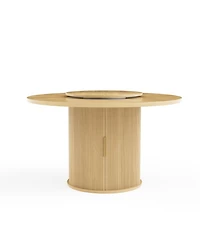 Rainsken Round Dining Table for 6 with a Rotating Tabletop Tray, 2-tier Storage Rack and Wooden Wavy-striped Sliding Doors Living Room