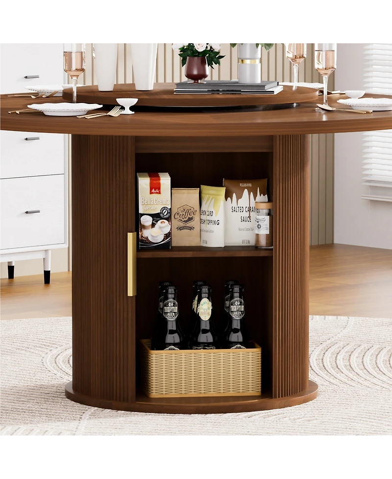 Rainsken Round Dining Table for 6 with a Rotating Tabletop Tray, 2-tier Storage Rack and Wooden Wavy-striped Sliding Doors for Living Room