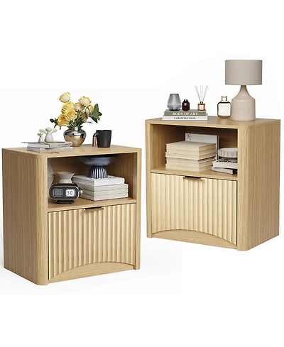 Bedroom Sofa Office Nightstand, Set of 2 Wooden Bedside End Tables, Fluted Panel Storage with Drawer and Shelf, Oak