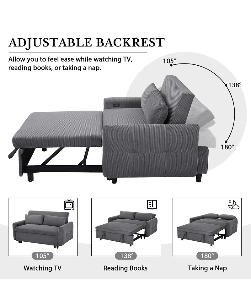 Rainsken 57.48" Pull-out Sofa Bed, Convertible Corduroy Couch with Adjustable Backrest, Usb Ports and 2 Pillows, Loveseat for Living Room