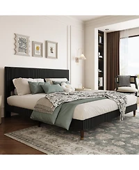 homfan upholstered platform bed with headboard, modern low profile design, sturdy metal frame, wood slats, noise free, no box spring