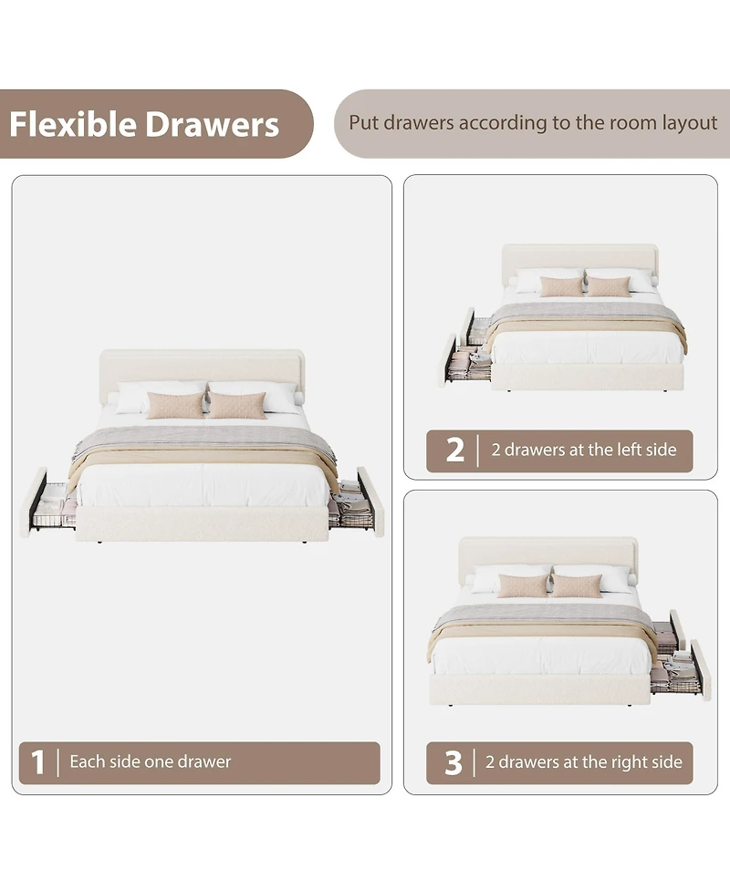 Homfan Cozy Boucle Upholstered Bed Frame – Modern Platform with Adjustable Cloud Headboard, 2 Storage Drawers, No Box Spring Needed