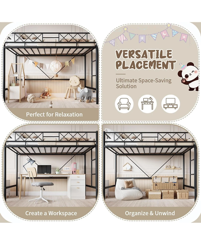 homfan Metal Loft Bed Frame with Arched Guardrail, Ladder and Underbed Space, Box Spring Not Required
