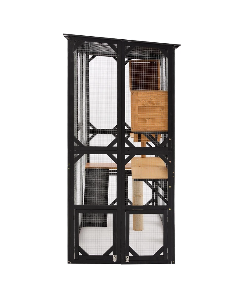 Aostirmotor Outdoor Wooden Catio, Fir Wood Cat Enclosure with Sleeping House and Jumping Platforms, Secure Cat Playpen