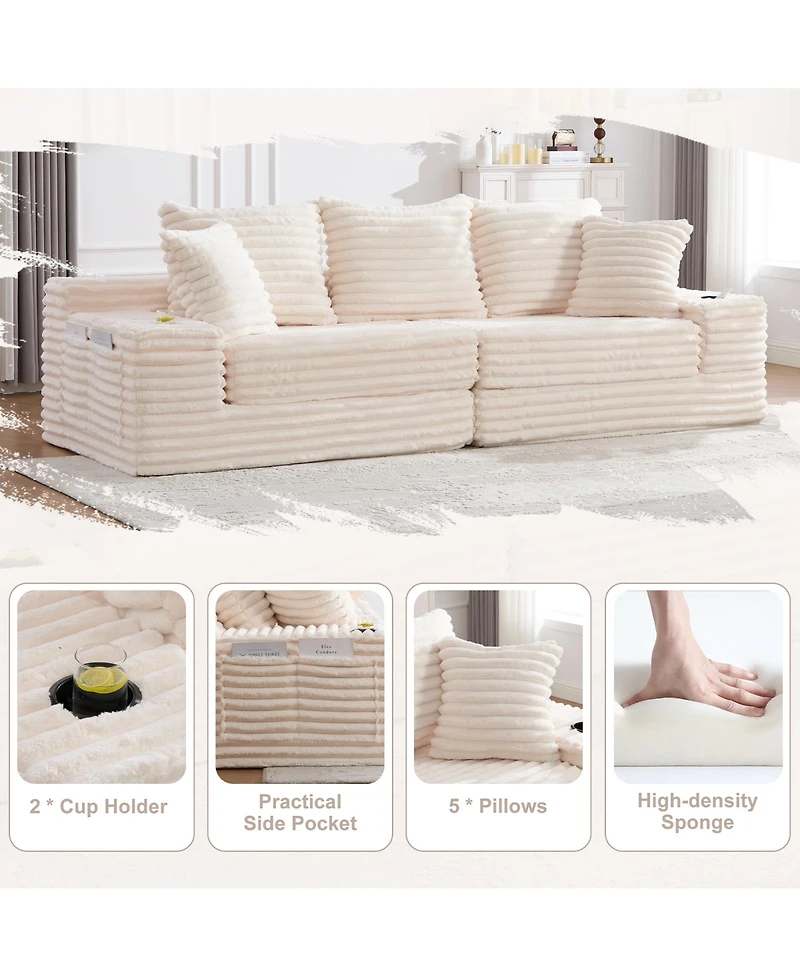 Rainsken Oversized Boneless Sofa with Cup Holder and Side Pockets, Corduroy Upholstered Couch 3 Pillows 2 Lumbar for Living Room