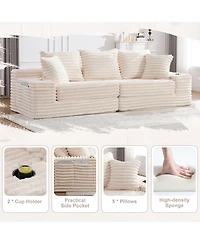 Rainsken Oversized Boneless Sofa with Cup Holder and Side Pockets, Corduroy Upholstered Couch 3 Pillows 2 Lumbar for Living Room